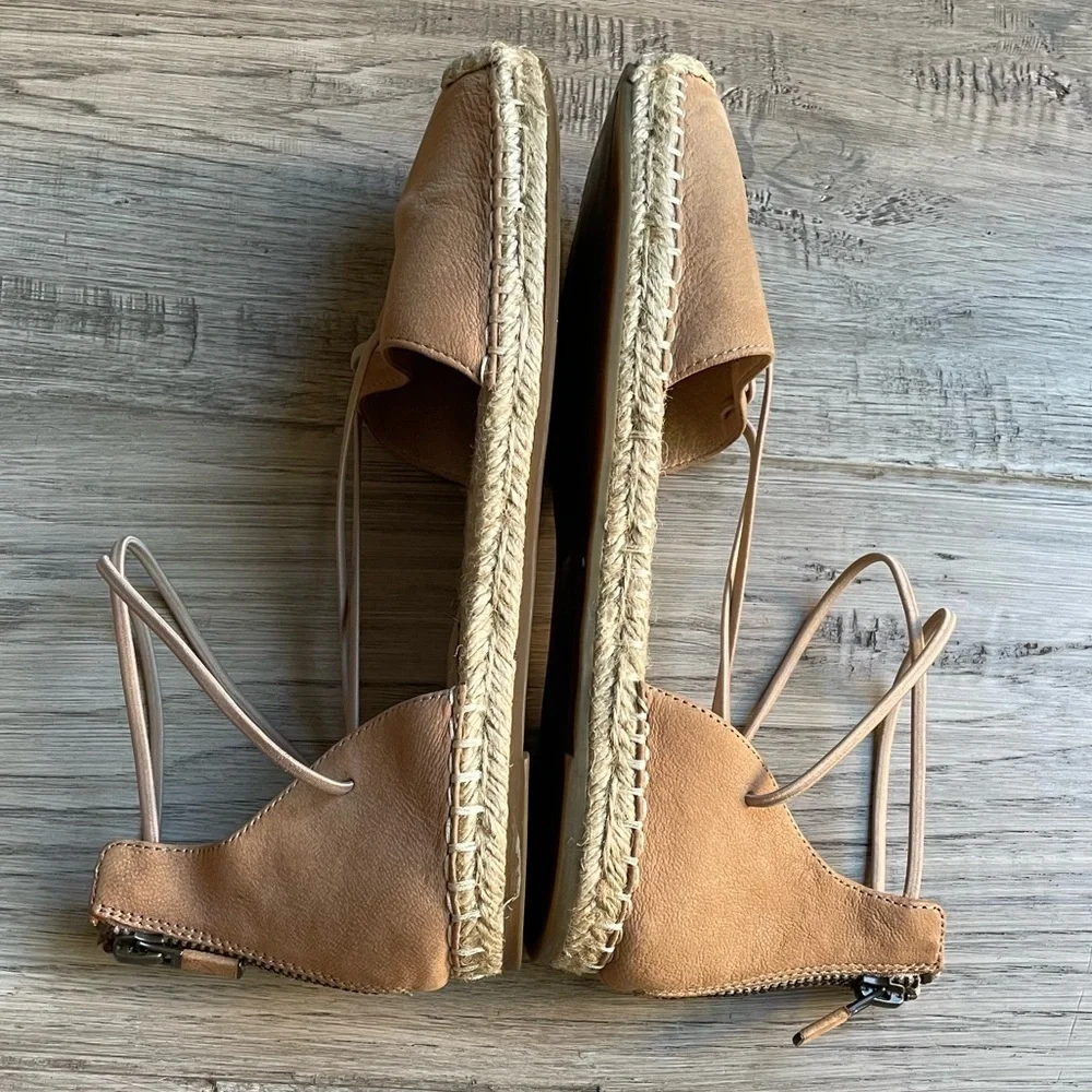 Eileen Fisher Tan Leather Espadrille Flat Elastic Straps Zip Heel Closure SZ 7
